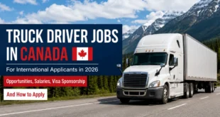 White semi-truck on a Canadian mountain highway for 2026 truck driver jobs in Canada with visa sponsorship.