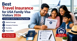 Best travel insurance for USA family visa visitors with passports, luggage, and medical insurance documents